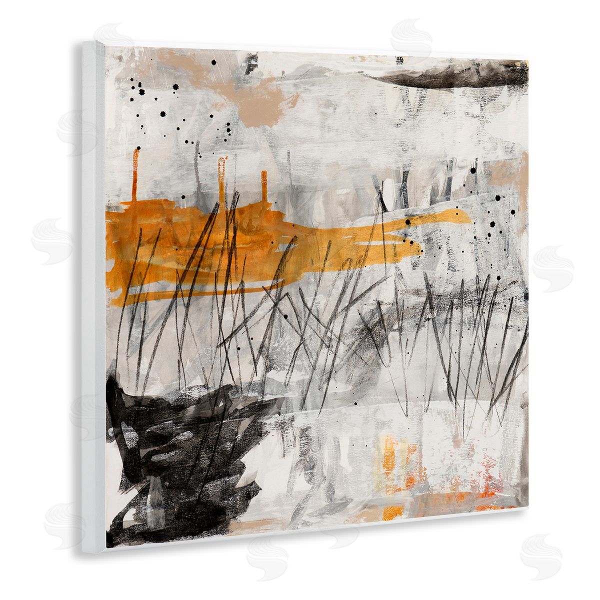 Jeffrey Tover Chaotic Linework Abstraction Busy Black Grey Orange Wooden Wall Plaque Art Print