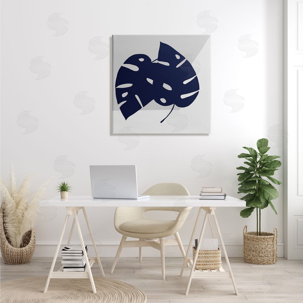 Ruth Fromstein Blue Monstera Leaf Silhouettes Geometric Grey Angles Canvas Wall Art in Room