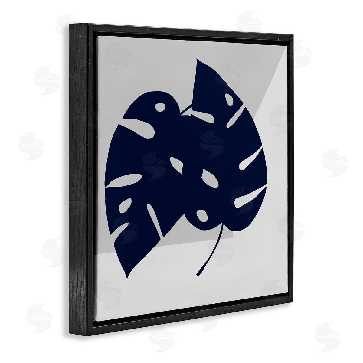 Ruth Fromstein Blue Monstera Leaf Silhouettes Geometric Grey Angles Black Floating Frame Canvas Wall Art Print