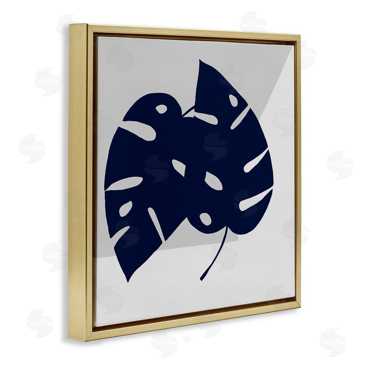 Ruth Fromstein Blue Monstera Leaf Silhouettes Geometric Grey Angles Gold Floating Frame Canvas Wall Art Print
