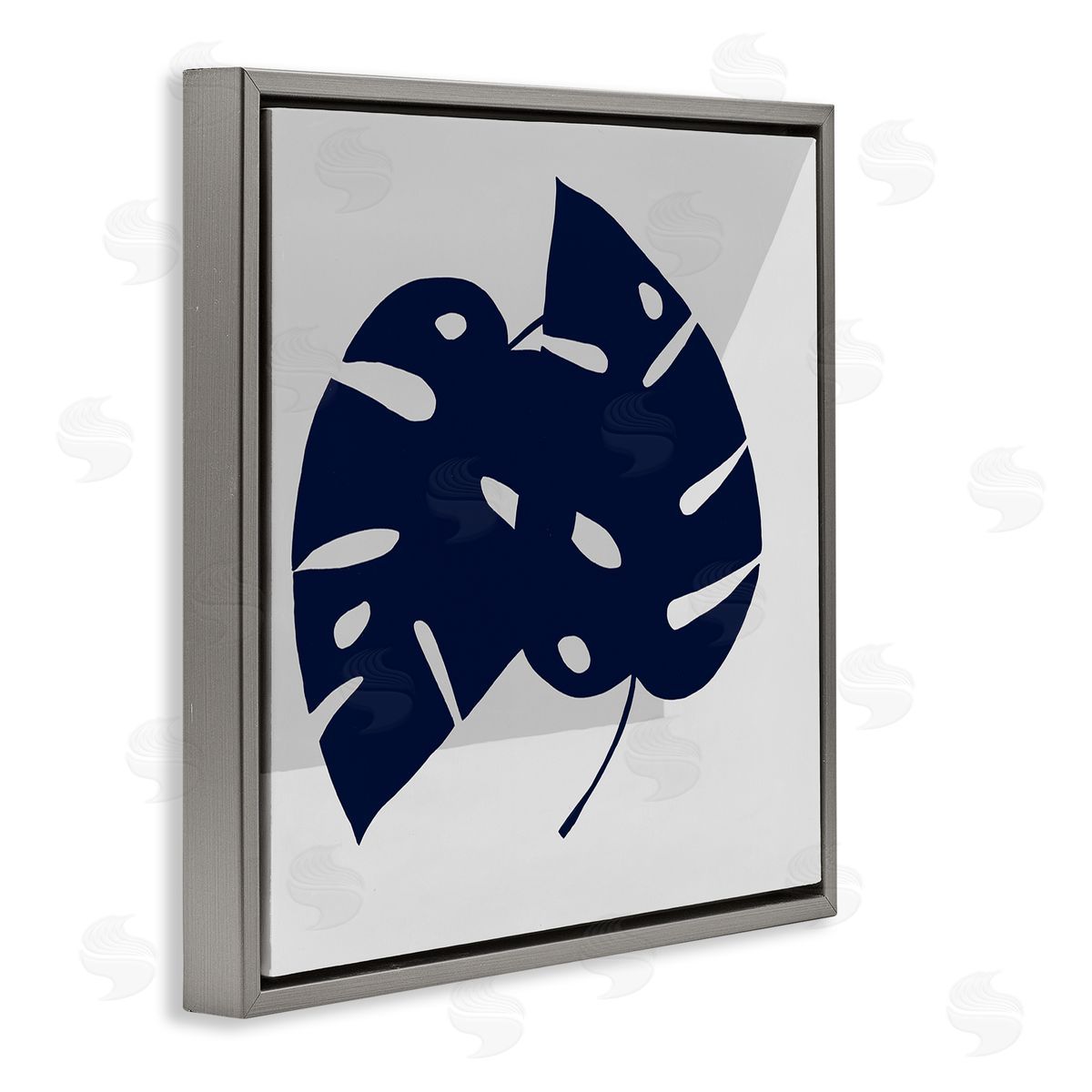 Ruth Fromstein Blue Monstera Leaf Silhouettes Geometric Grey Angles Gray Floating Frame Canvas Wall Art Print