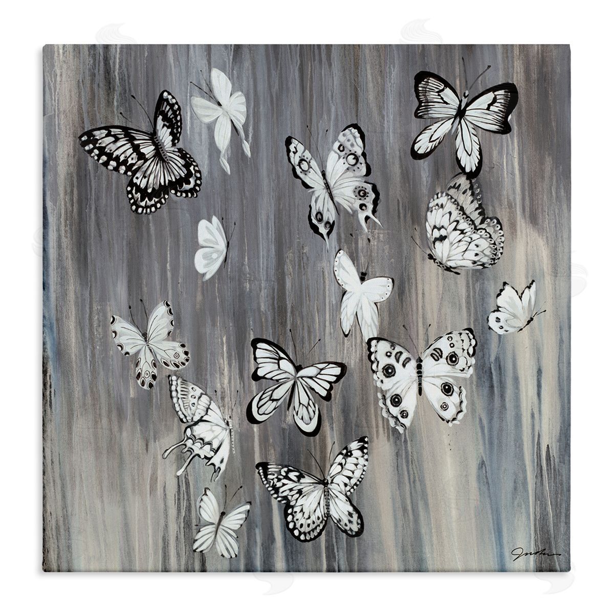 Liz Jardine Rustic Monochromatic Patterned Butterflies Flying Insects Stretched Canvas Wall Art Print
