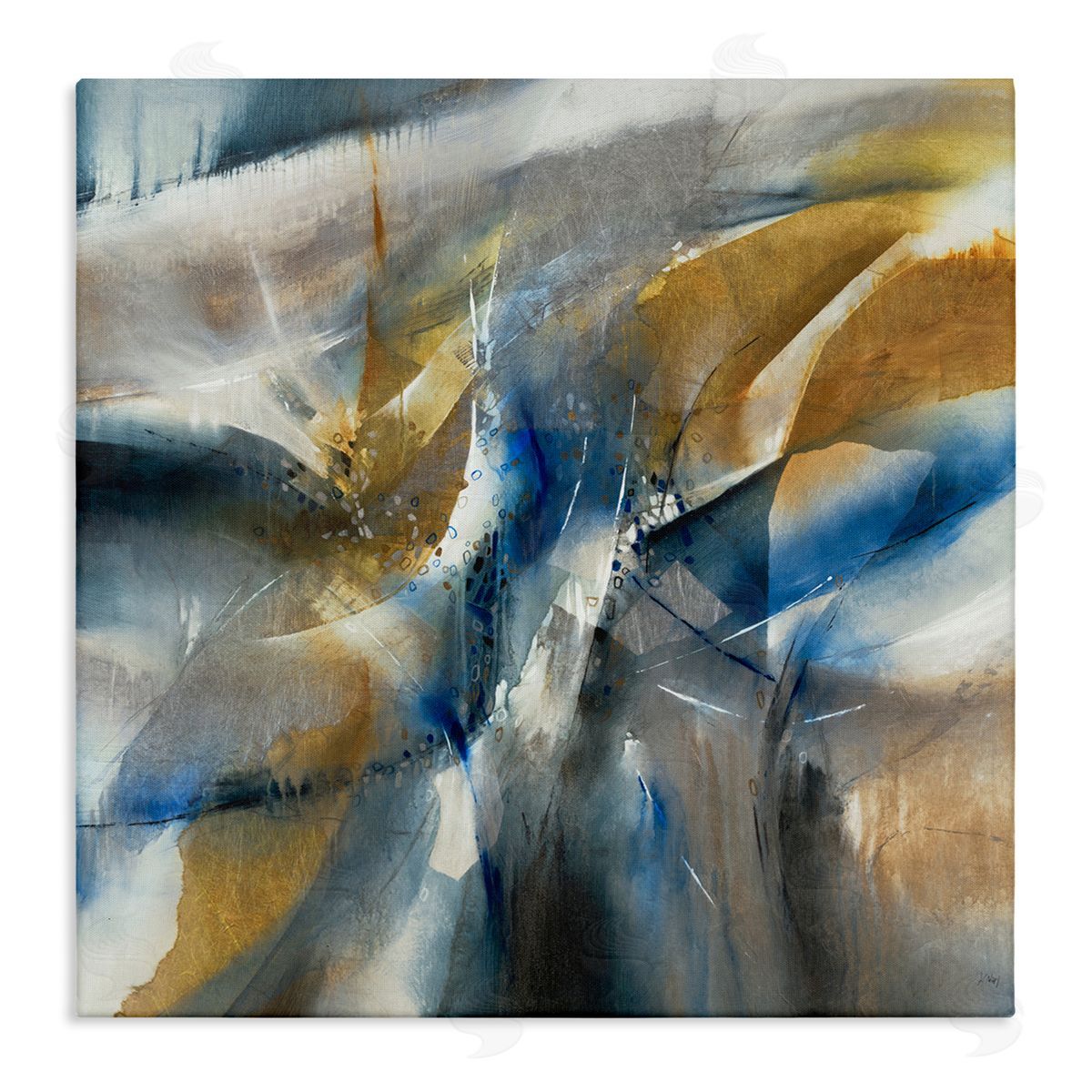 K. Nari Abstract Blue Grey Yellow Distortion Busy Shape Arrangement Stretched Canvas Wall Art Print