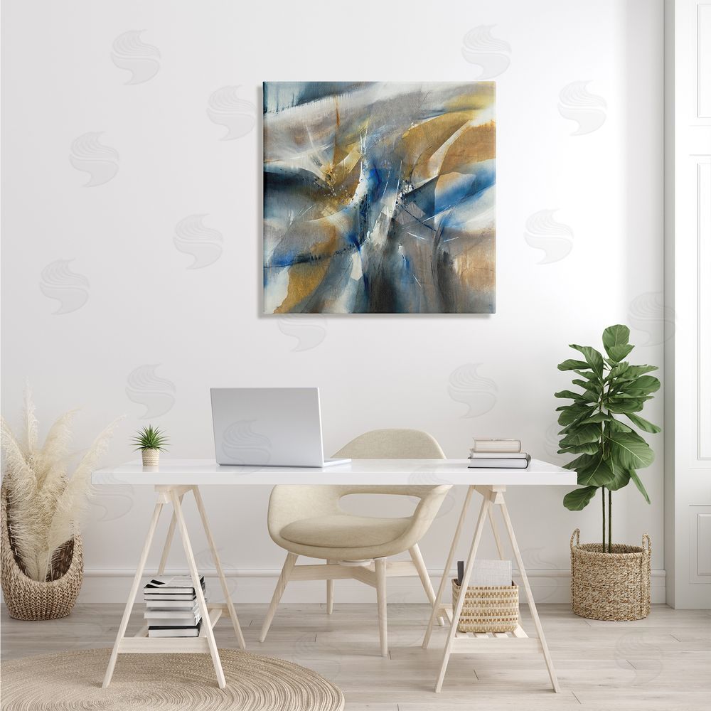 K. Nari Abstract Blue Grey Yellow Distortion Busy Shape Arrangement Canvas Wall Art in Room
