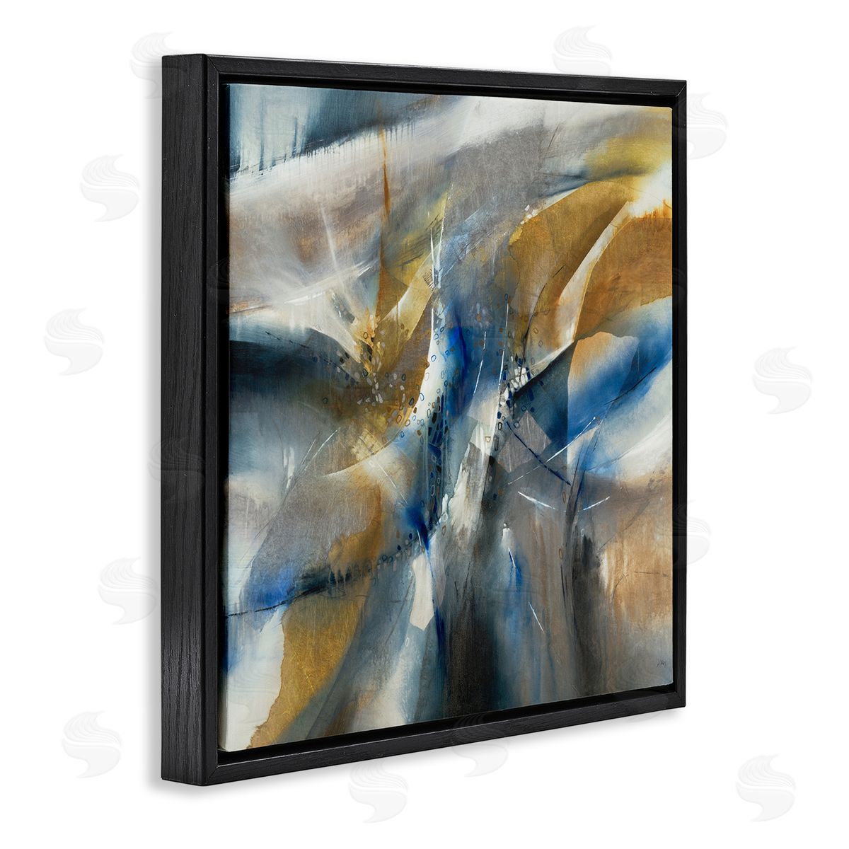 K. Nari Abstract Blue Grey Yellow Distortion Busy Shape Arrangement Black Floating Frame Canvas Wall Art Print