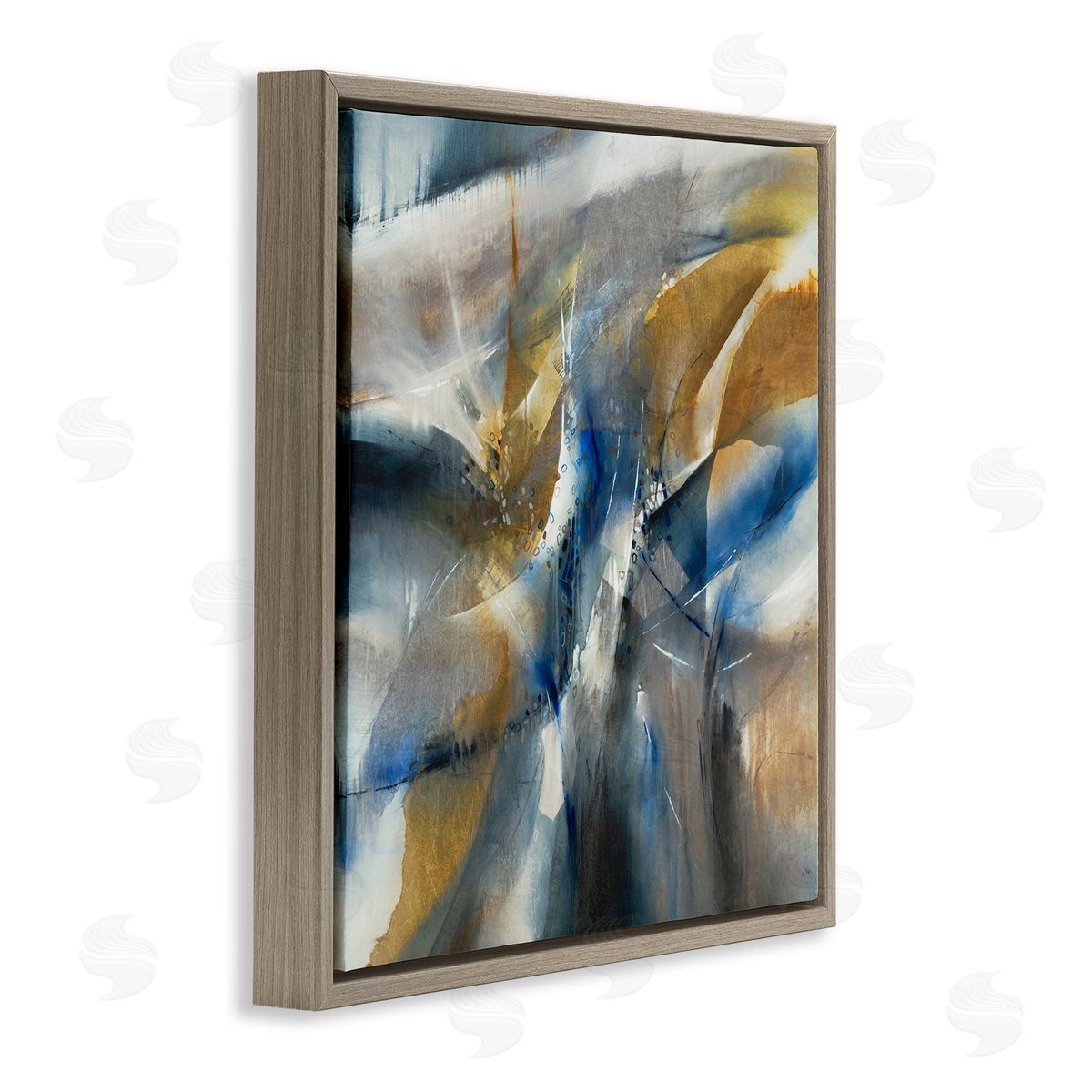 K. Nari Abstract Blue Grey Yellow Distortion Busy Shape Arrangement Brown Floating Frame Canvas Wall Art Print