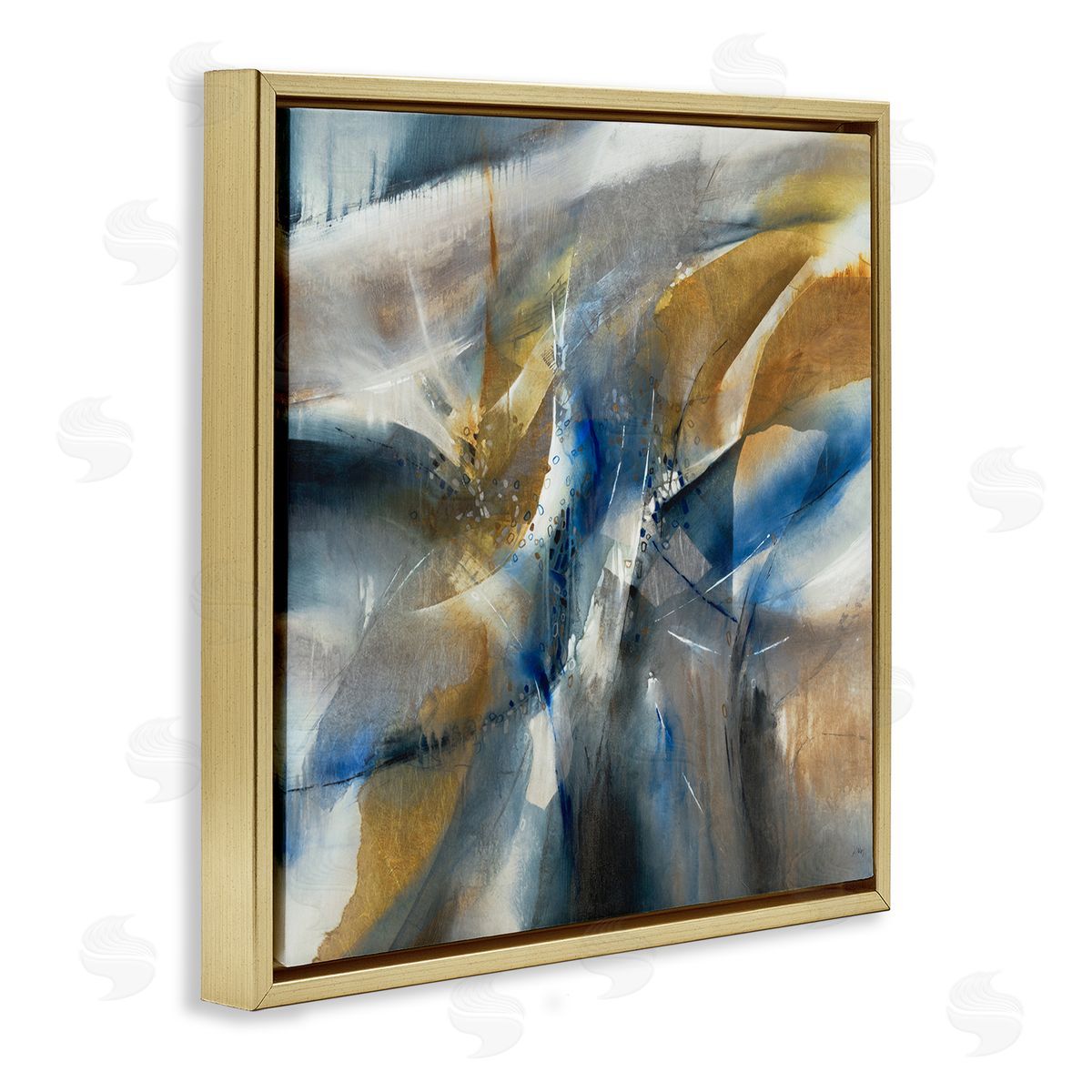 K. Nari Abstract Blue Grey Yellow Distortion Busy Shape Arrangement Gold Floating Frame Canvas Wall Art Print