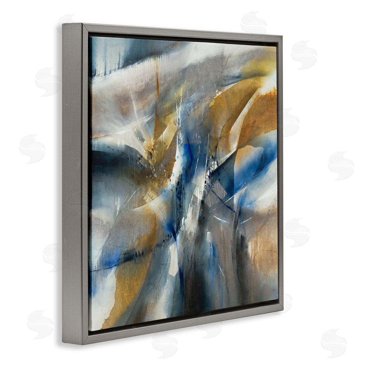 K. Nari Abstract Blue Grey Yellow Distortion Busy Shape Arrangement Gray Floating Frame Canvas Wall Art Print