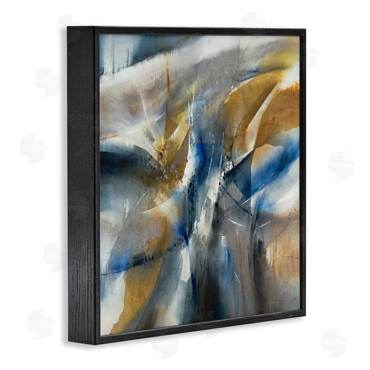 K. Nari Abstract Blue Grey Yellow Distortion Busy Shape Arrangement Black Framed Glicee Wall Art Print