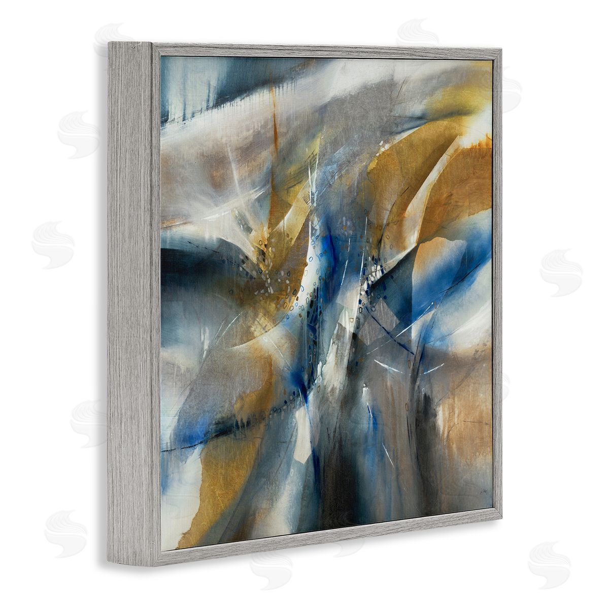 K. Nari Abstract Blue Grey Yellow Distortion Busy Shape Arrangement Gray Framed Glicee Wall Art Print