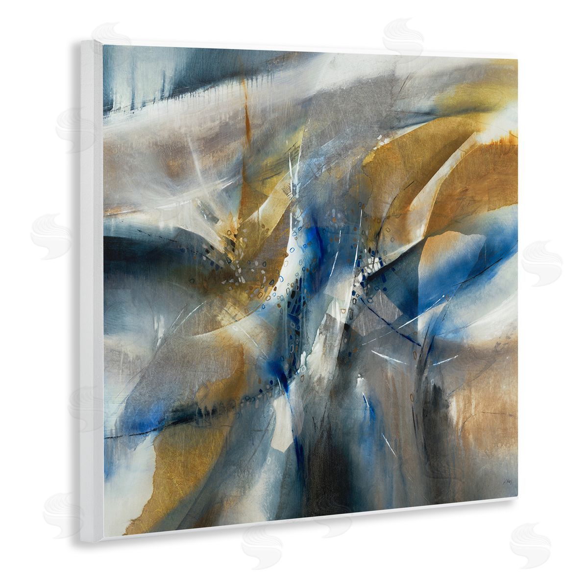 K. Nari Abstract Blue Grey Yellow Distortion Busy Shape Arrangement Wooden Wall Plaque Art Print