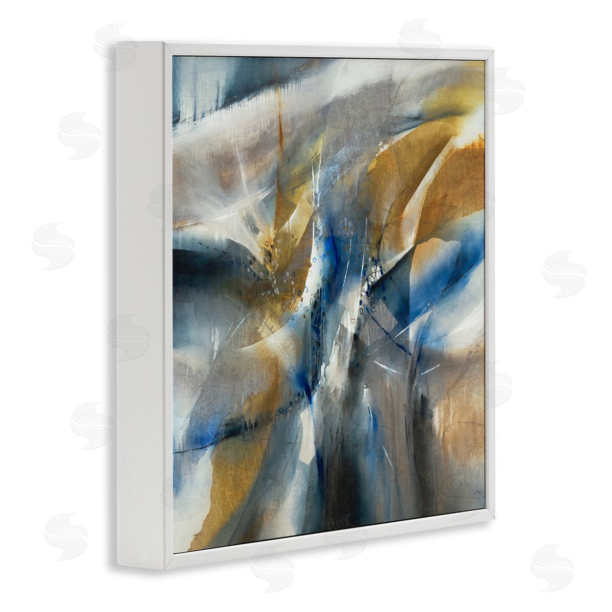 K. Nari Abstract Blue Grey Yellow Distortion Busy Shape Arrangement White Framed Glicee Wall Art Print