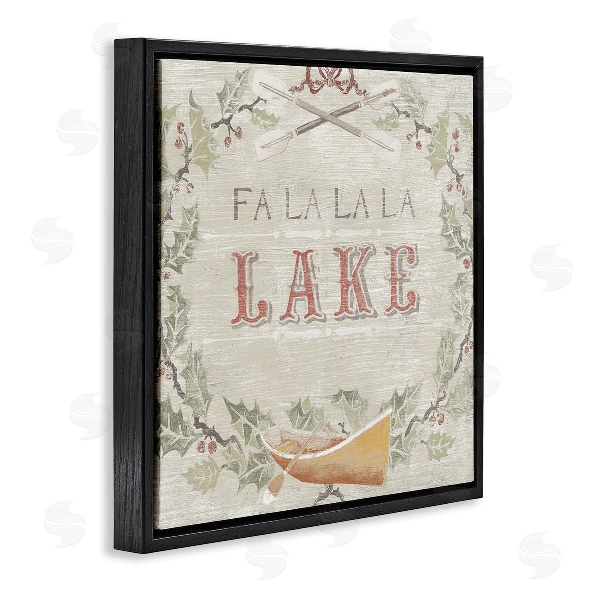 June Erica Vess Fa La La Lake Winter Holiday Rustic Wreath Black Floating Frame Canvas Wall Art Print