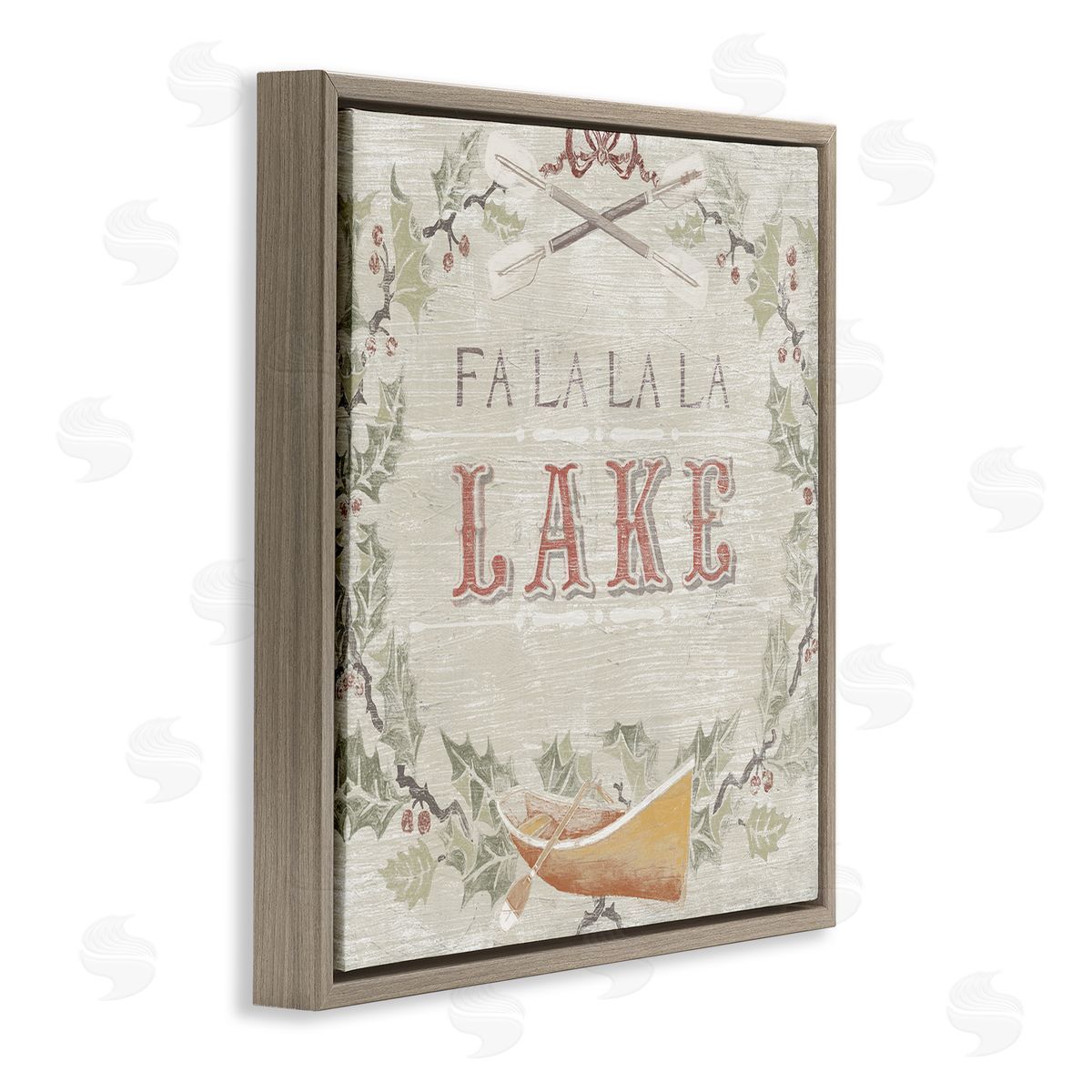 June Erica Vess Fa La La Lake Winter Holiday Rustic Wreath Brown Floating Frame Canvas Wall Art Print