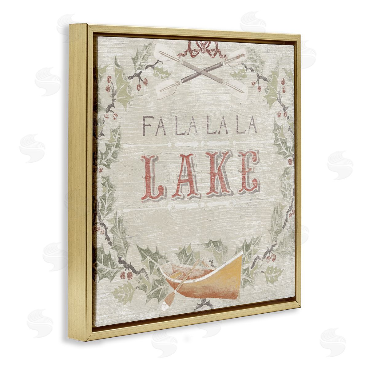 June Erica Vess Fa La La Lake Winter Holiday Rustic Wreath Gold Floating Frame Canvas Wall Art Print