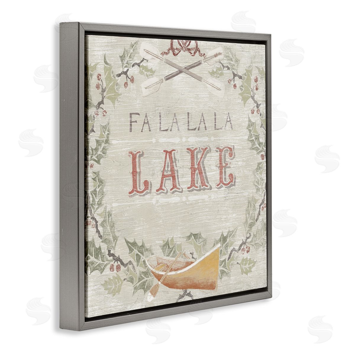 June Erica Vess Fa La La Lake Winter Holiday Rustic Wreath Gray Floating Frame Canvas Wall Art Print