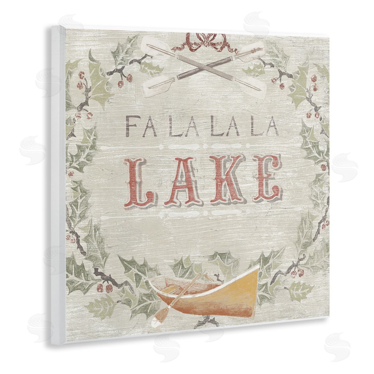 June Erica Vess Fa La La Lake Winter Holiday Rustic Wreath Wooden Wall Plaque Art Print
