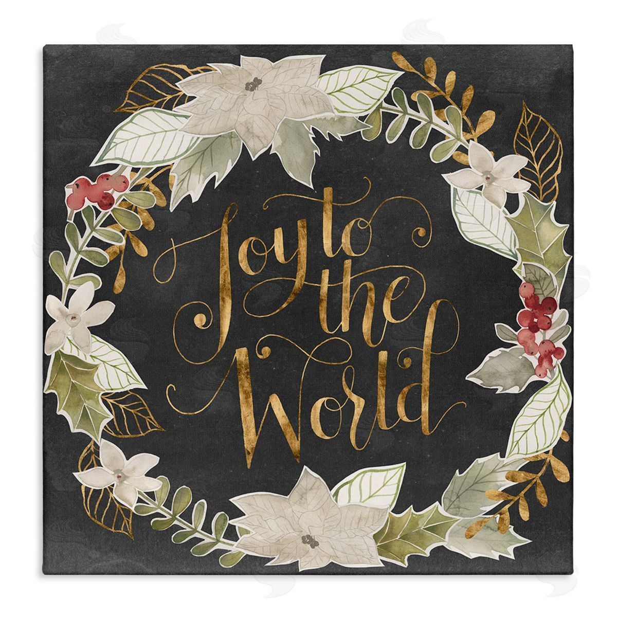 Grace Popp Joy to the World Chic Christmas Wreath Red Holly Stretched Canvas Wall Art Print