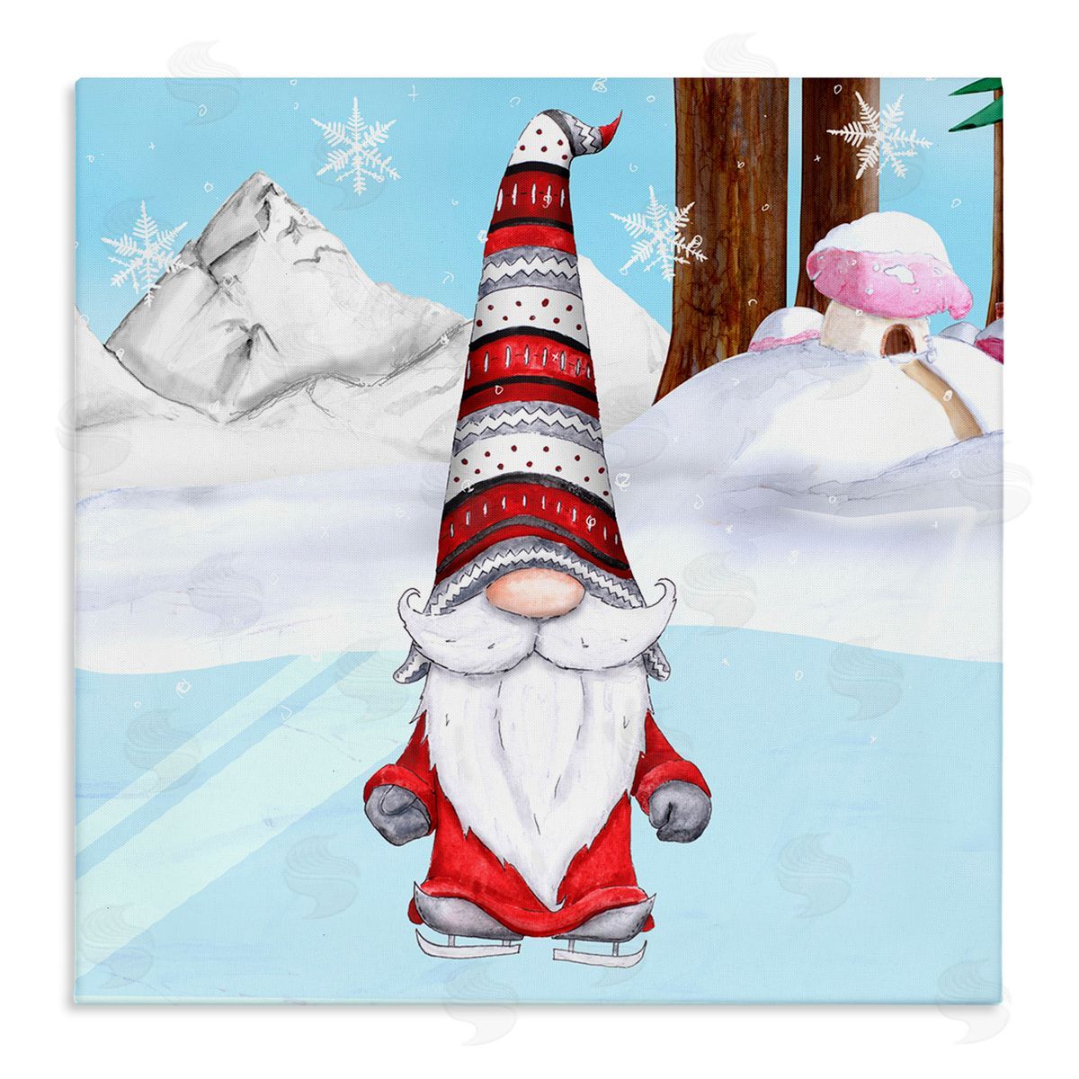 Hugo Edwins Ice Skating Winter Gnome Red White Garden Elf Stretched Canvas Wall Art Print