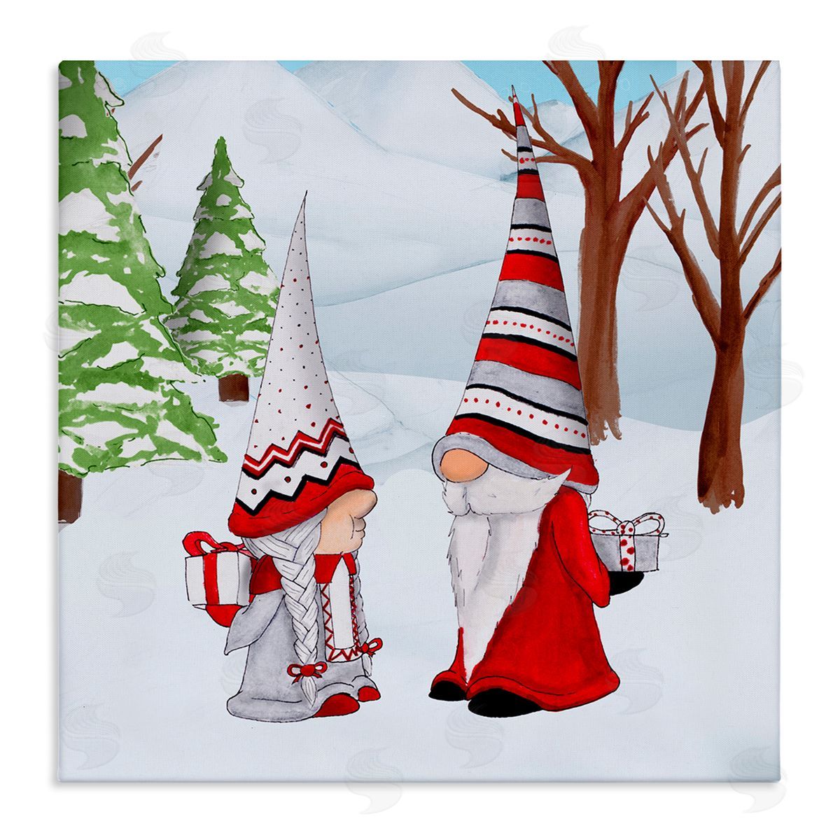 Hugo Edwins Festive Winter Gnome Couple Holiday Presents Garden Elf Stretched Canvas Wall Art Print