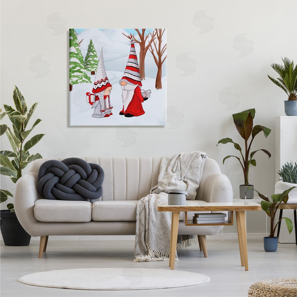 Hugo Edwins Festive Winter Gnome Couple Holiday Presents Garden Elf Canvas Wall Art in Room