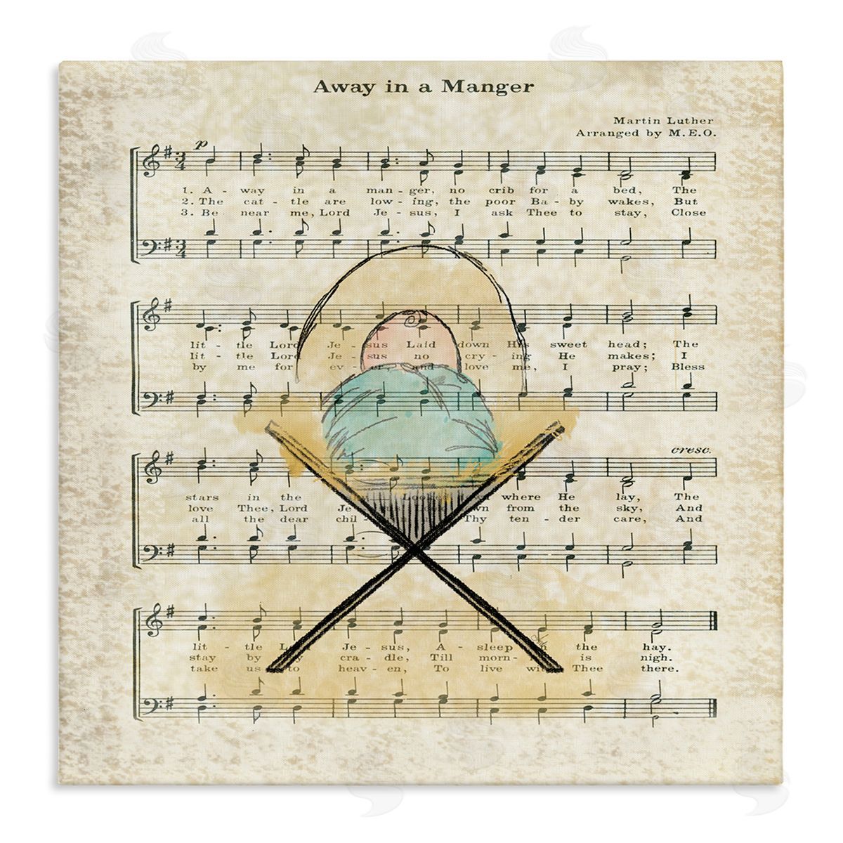 Andi Metz Baby Jesus Cradle Away In Manger Musical Script Stretched Canvas Wall Art Print