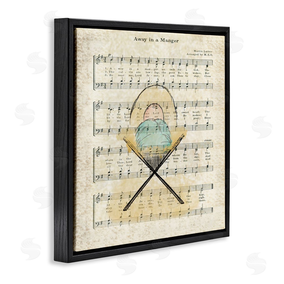 Andi Metz Baby Jesus Cradle Away In Manger Musical Script Black Floating Frame Canvas Wall Art Print