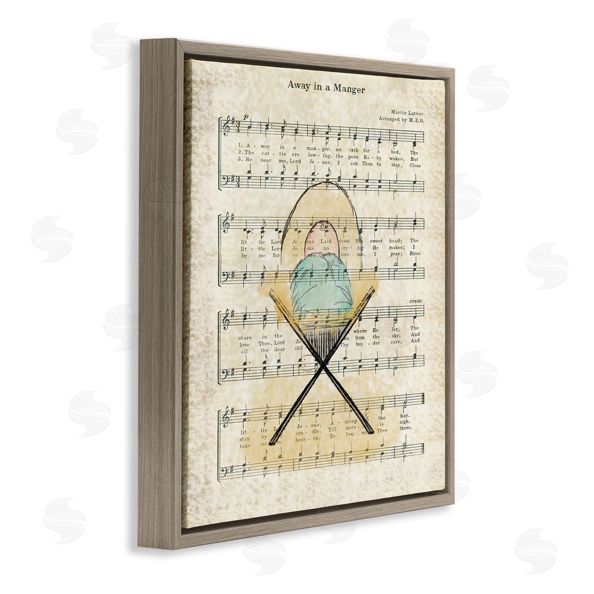 Andi Metz Baby Jesus Cradle Away In Manger Musical Script Brown Floating Frame Canvas Wall Art Print