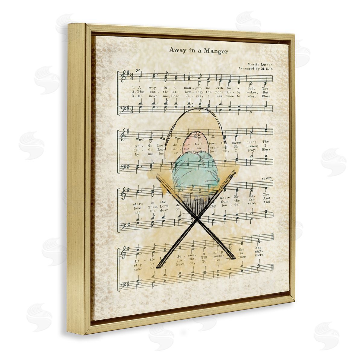 Andi Metz Baby Jesus Cradle Away In Manger Musical Script Gold Floating Frame Canvas Wall Art Print