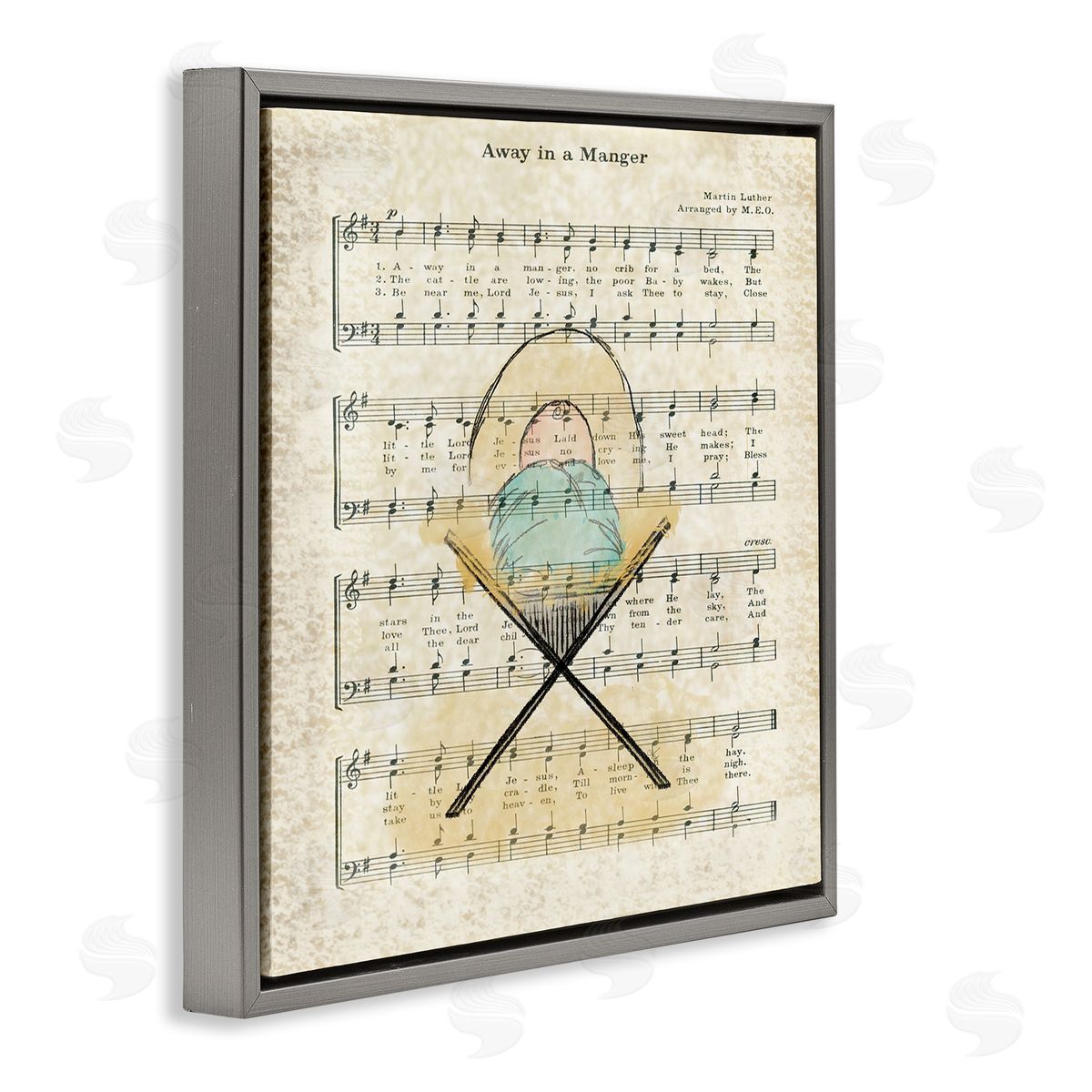 Andi Metz Baby Jesus Cradle Away In Manger Musical Script Gray Floating Frame Canvas Wall Art Print