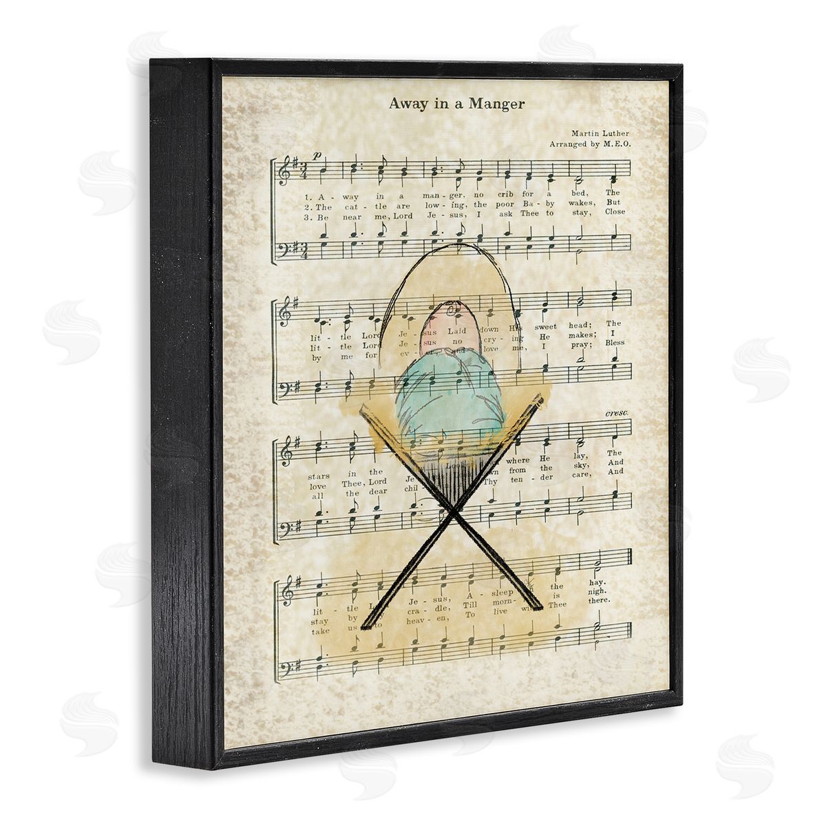 Andi Metz Baby Jesus Cradle Away In Manger Musical Script Black Framed Glicee Wall Art Print