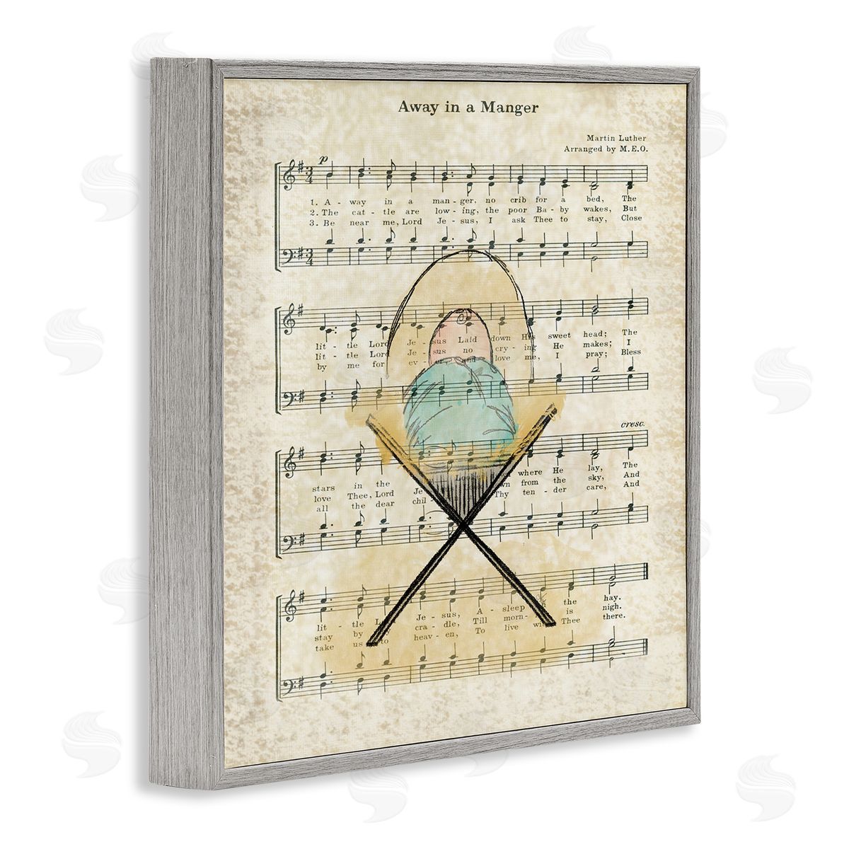 Andi Metz Baby Jesus Cradle Away In Manger Musical Script Gray Framed Glicee Wall Art Print