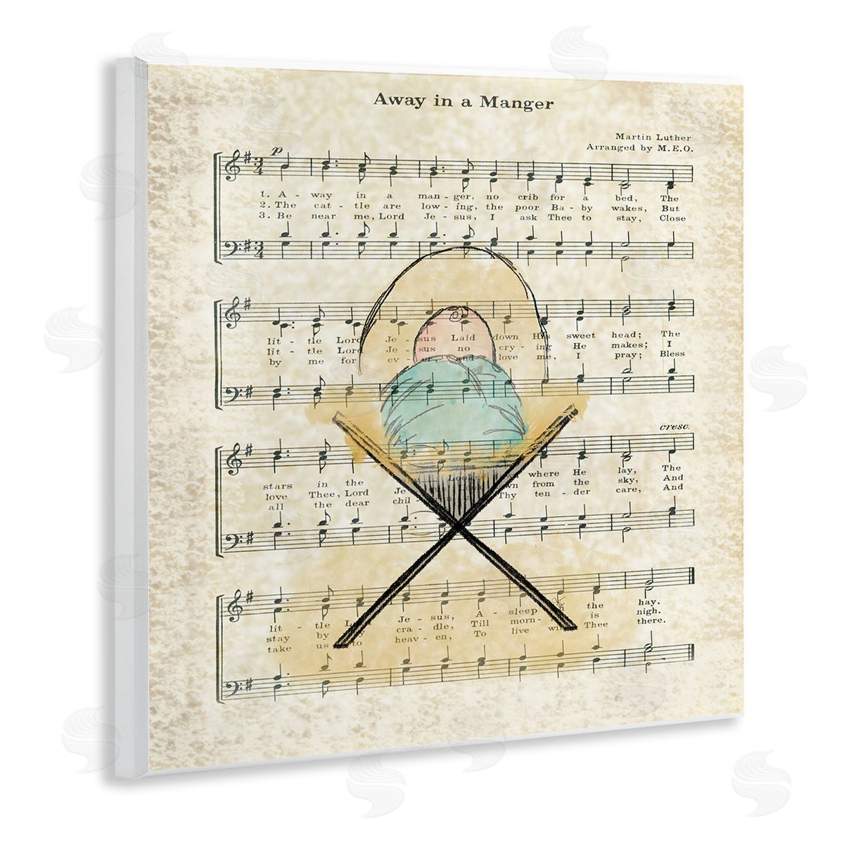 Andi Metz Baby Jesus Cradle Away In Manger Musical Script Wooden Wall Plaque Art Print