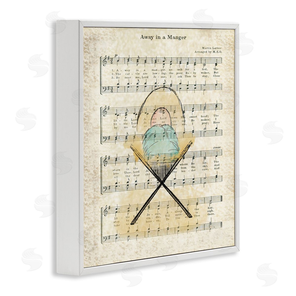 Andi Metz Baby Jesus Cradle Away In Manger Musical Script White Framed Glicee Wall Art Print