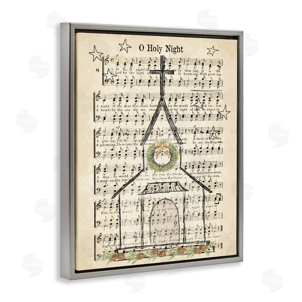 Festive Holy Night Musical Script Grey Floating Frame Canvas Wall Art, Home Decor by Andi Metz