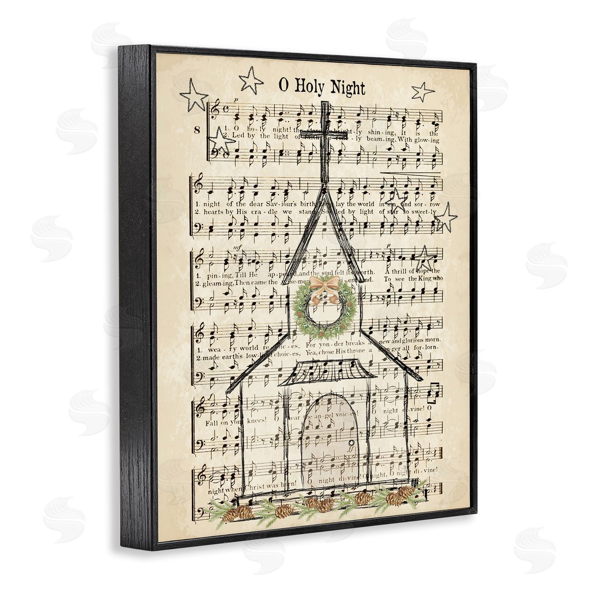 Festive Holy Night Musical Script Black Frame Print Wall Art, Home Decor by Andi Metz
