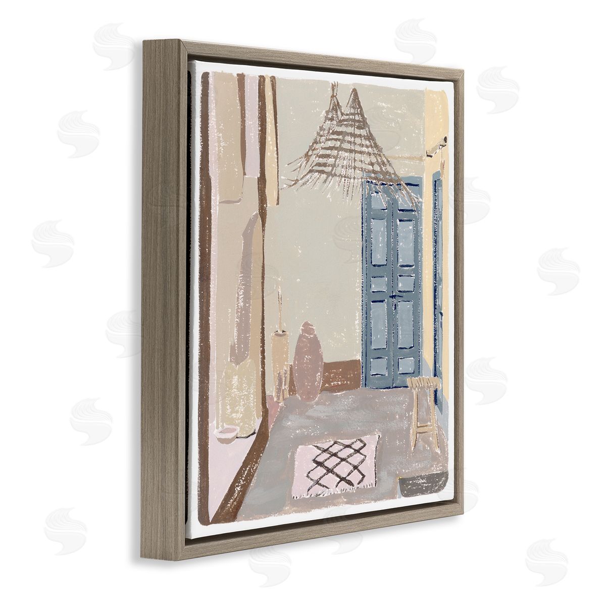 Melissa Wang European Lounge Interior Soft Coastal City Room Brown Floating Frame Canvas Wall Art Print