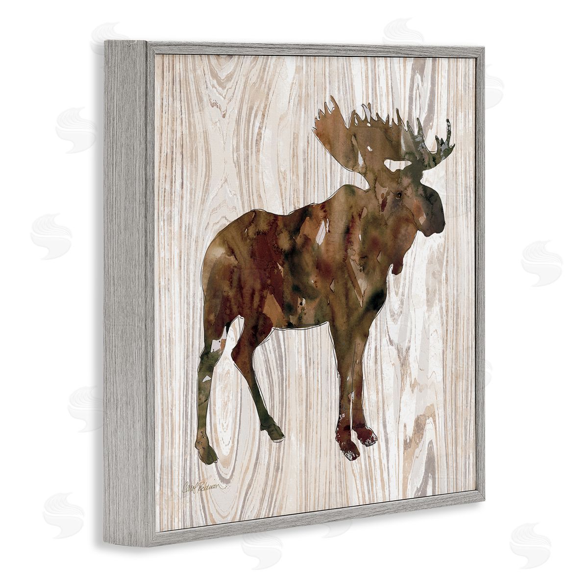 Carol Robinson Brown Watercolor Moose Silhouette Rustic Grain Pattern Gray Framed Glicee Wall Art Print