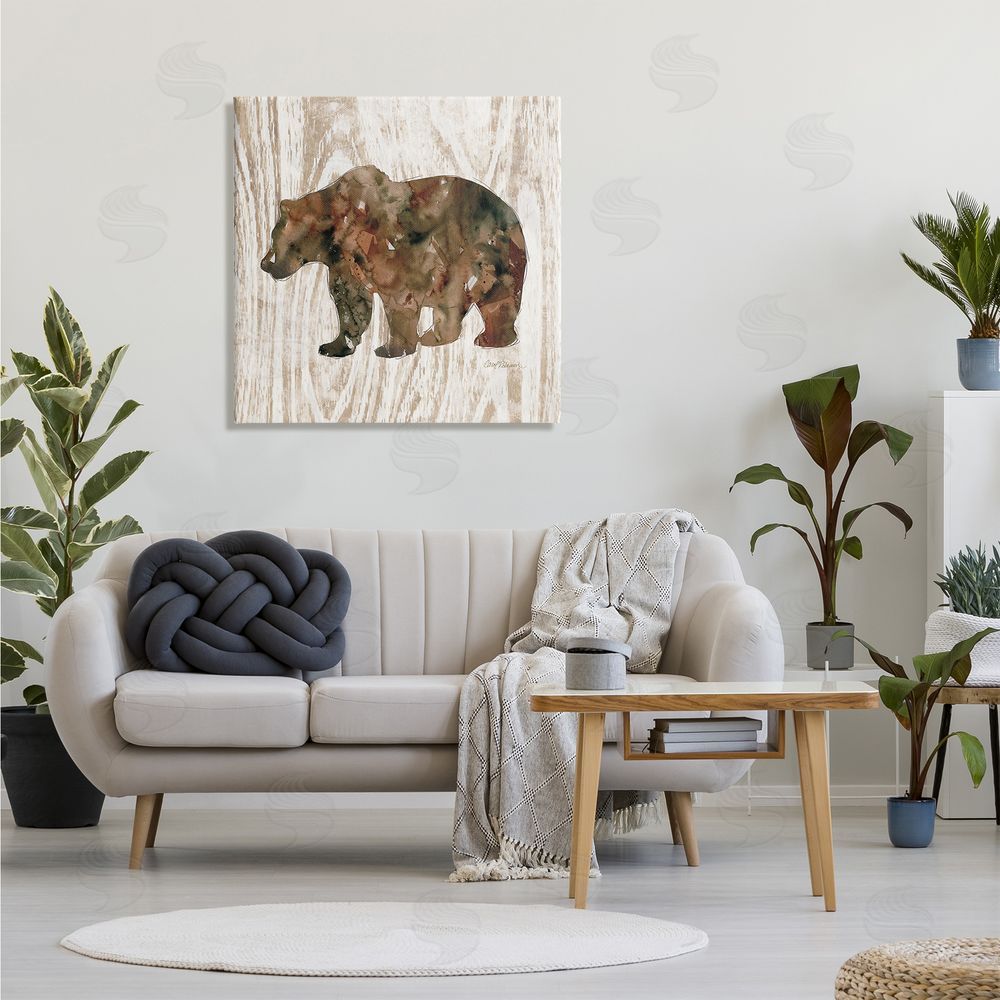 Carol Robinson Forest Bear Watercolor Silhouette Rustic Grain Pattern Canvas Wall Art in Room