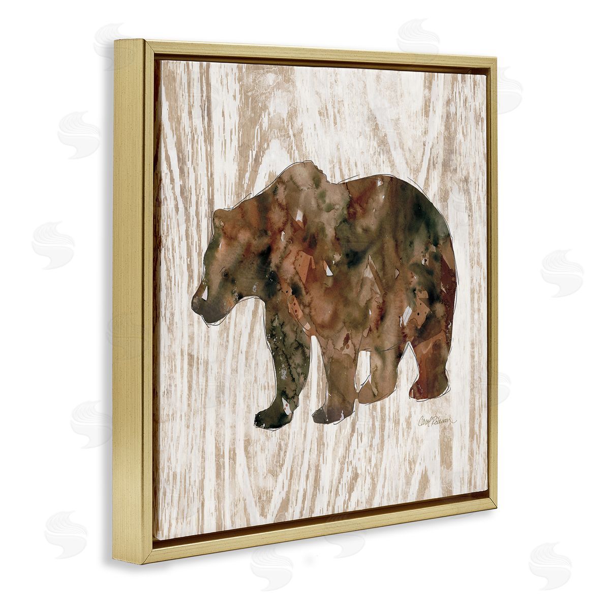 Carol Robinson Forest Bear Watercolor Silhouette Rustic Grain Pattern Gold Floating Frame Canvas Wall Art Print