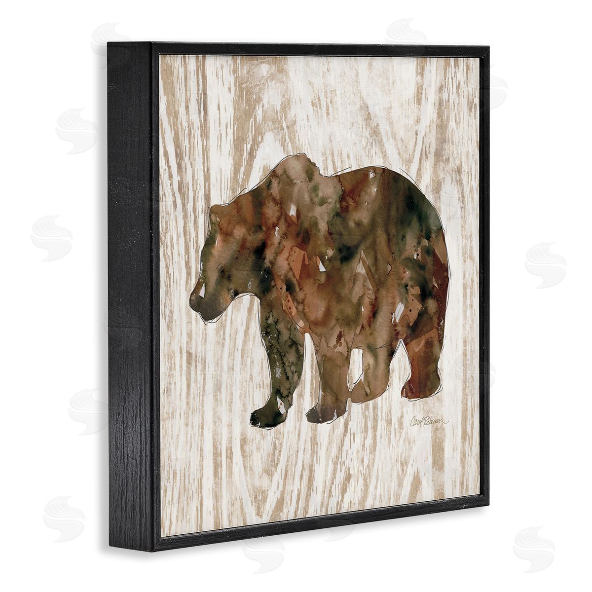 Carol Robinson Forest Bear Watercolor Silhouette Rustic Grain Pattern Black Framed Glicee Wall Art Print