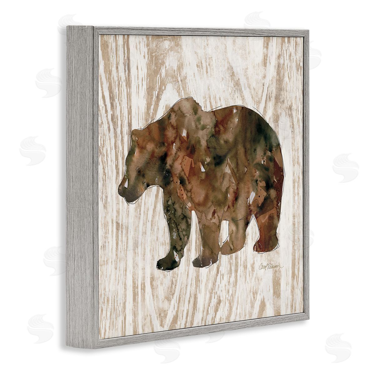 Carol Robinson Forest Bear Watercolor Silhouette Rustic Grain Pattern Gray Framed Glicee Wall Art Print