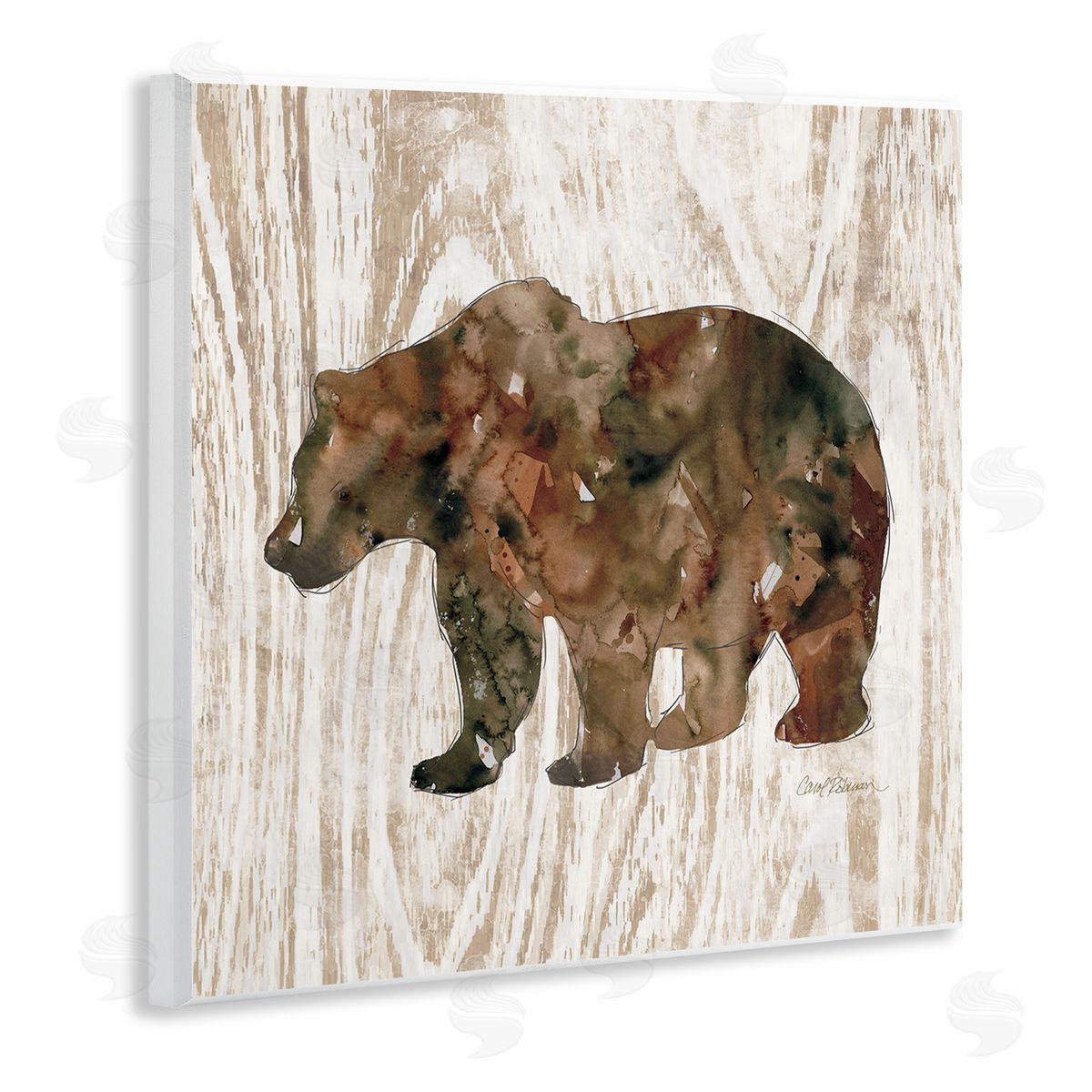 Carol Robinson Forest Bear Watercolor Silhouette Rustic Grain Pattern Wooden Wall Plaque Art Print