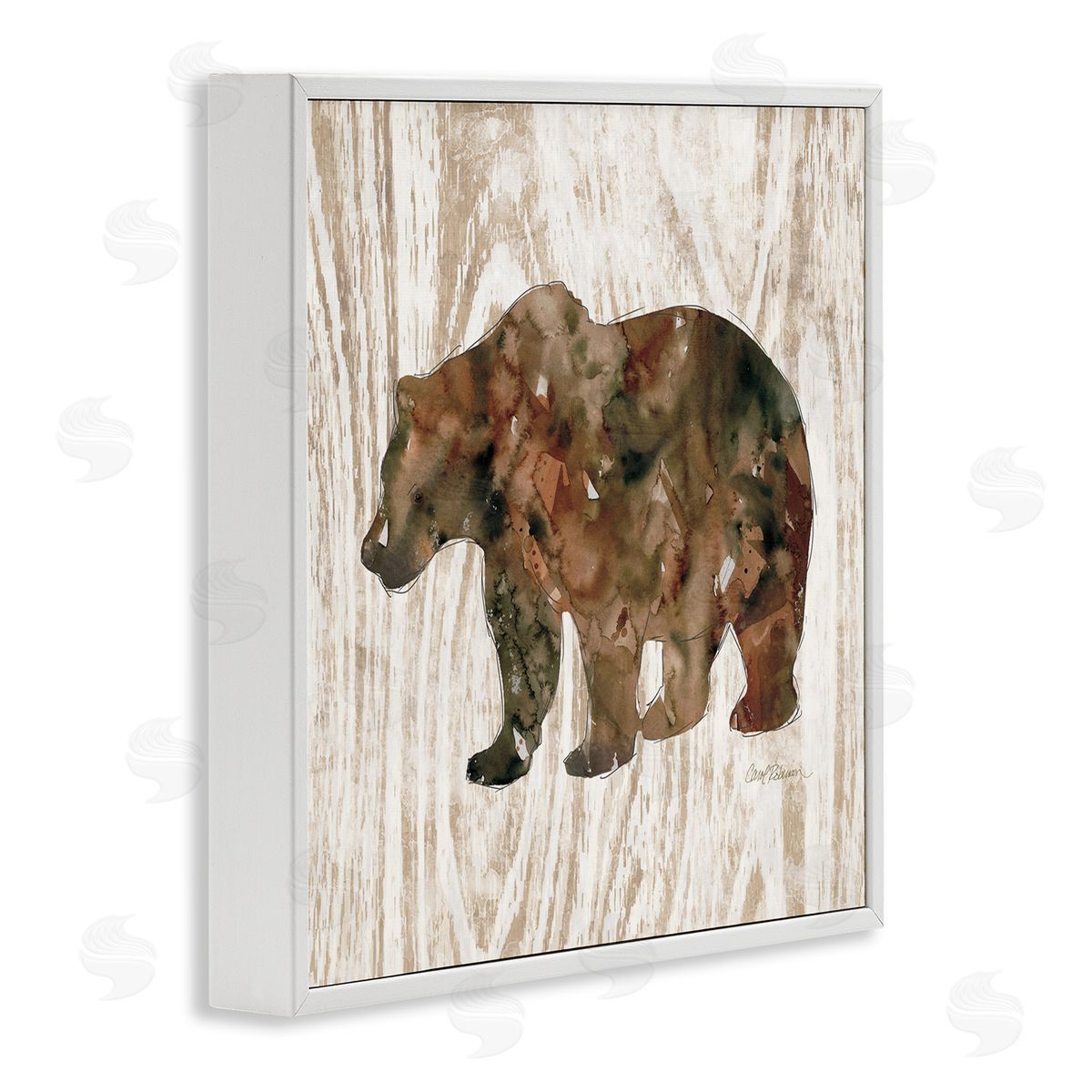 Carol Robinson Forest Bear Watercolor Silhouette Rustic Grain Pattern White Framed Glicee Wall Art Print