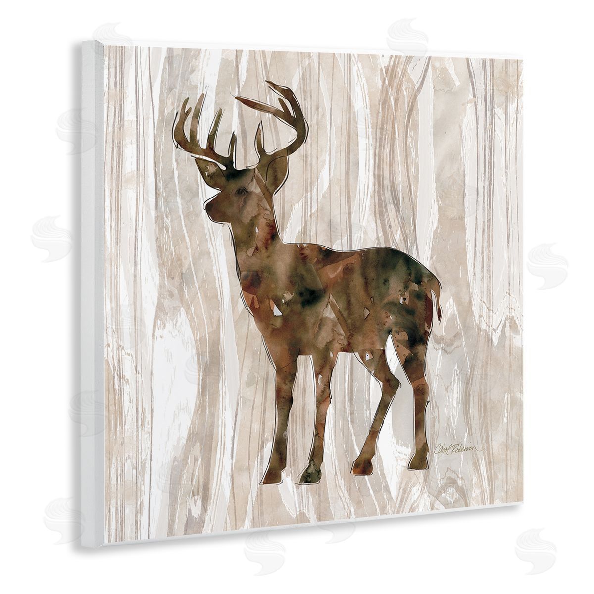 Carol Robinson Wilderness Buck Watercolor Silhouette Rustic Grain Pattern Wooden Wall Plaque Art Print