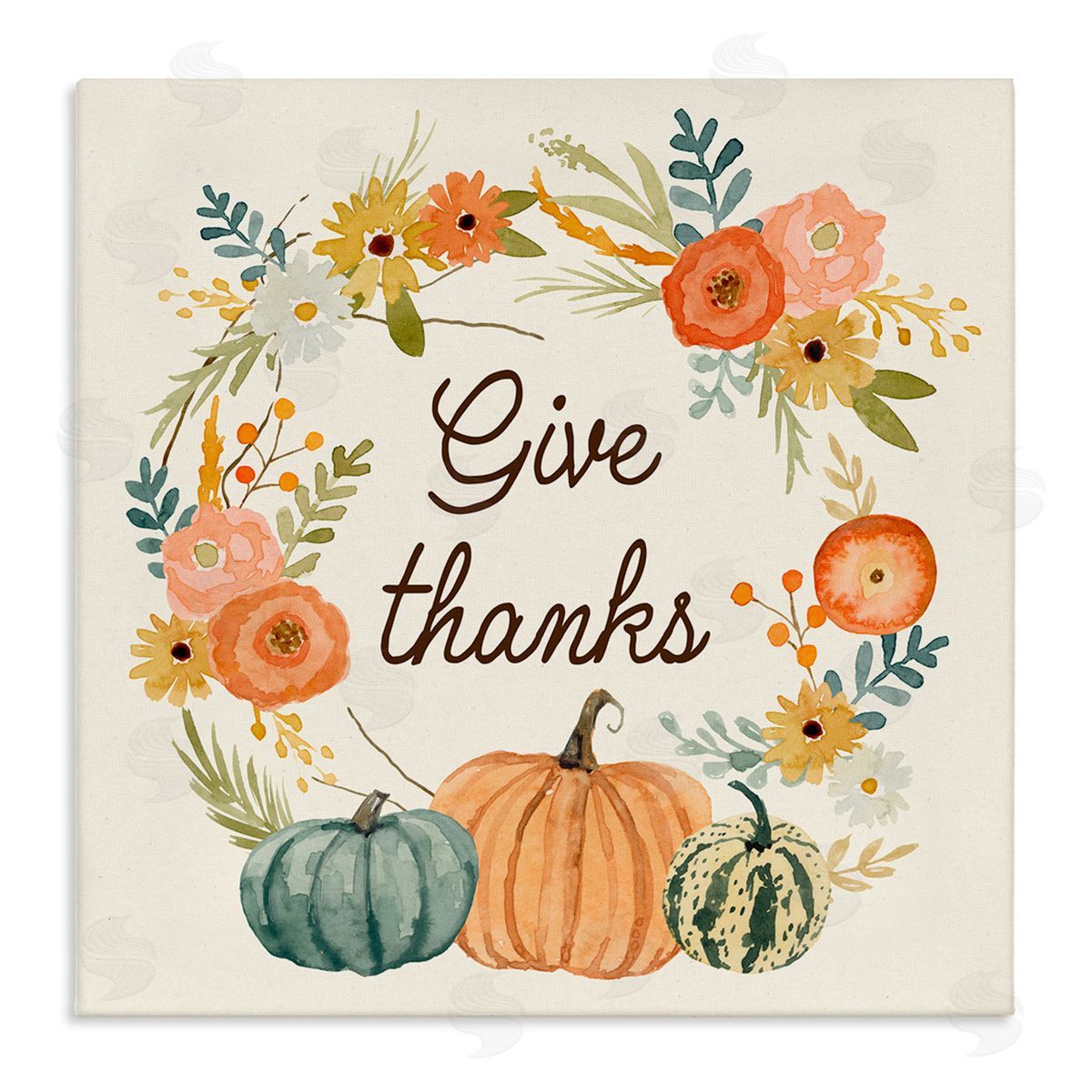 Victoria Barnes Give Thanks Sentiments Orange Floral Pumpkin Wreath Stretched Canvas Wall Art Print