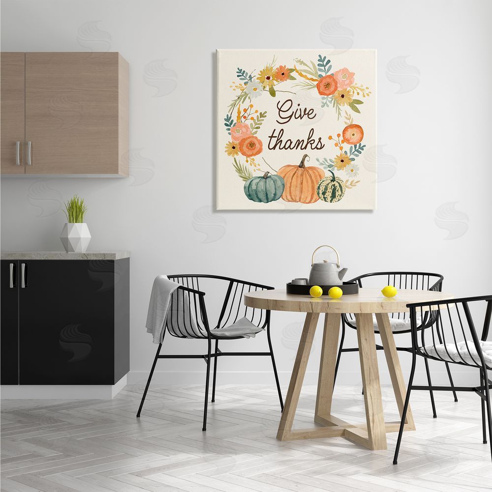 Victoria Barnes Give Thanks Sentiments Orange Floral Pumpkin Wreath Canvas Wall Art in Room