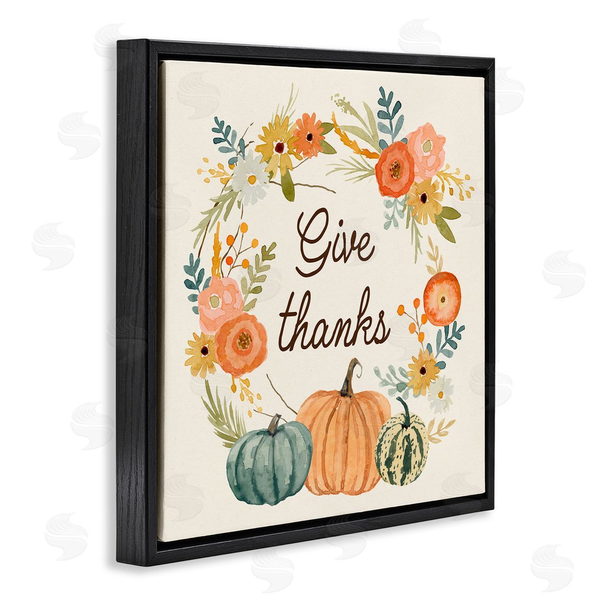 Victoria Barnes Give Thanks Sentiments Orange Floral Pumpkin Wreath Black Floating Frame Canvas Wall Art Print