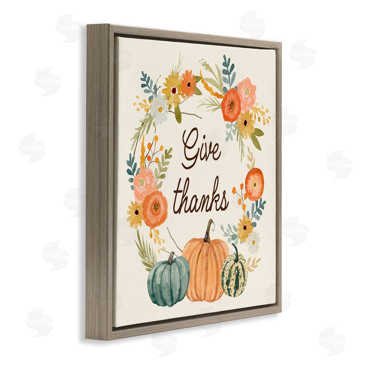 Victoria Barnes Give Thanks Sentiments Orange Floral Pumpkin Wreath Brown Floating Frame Canvas Wall Art Print