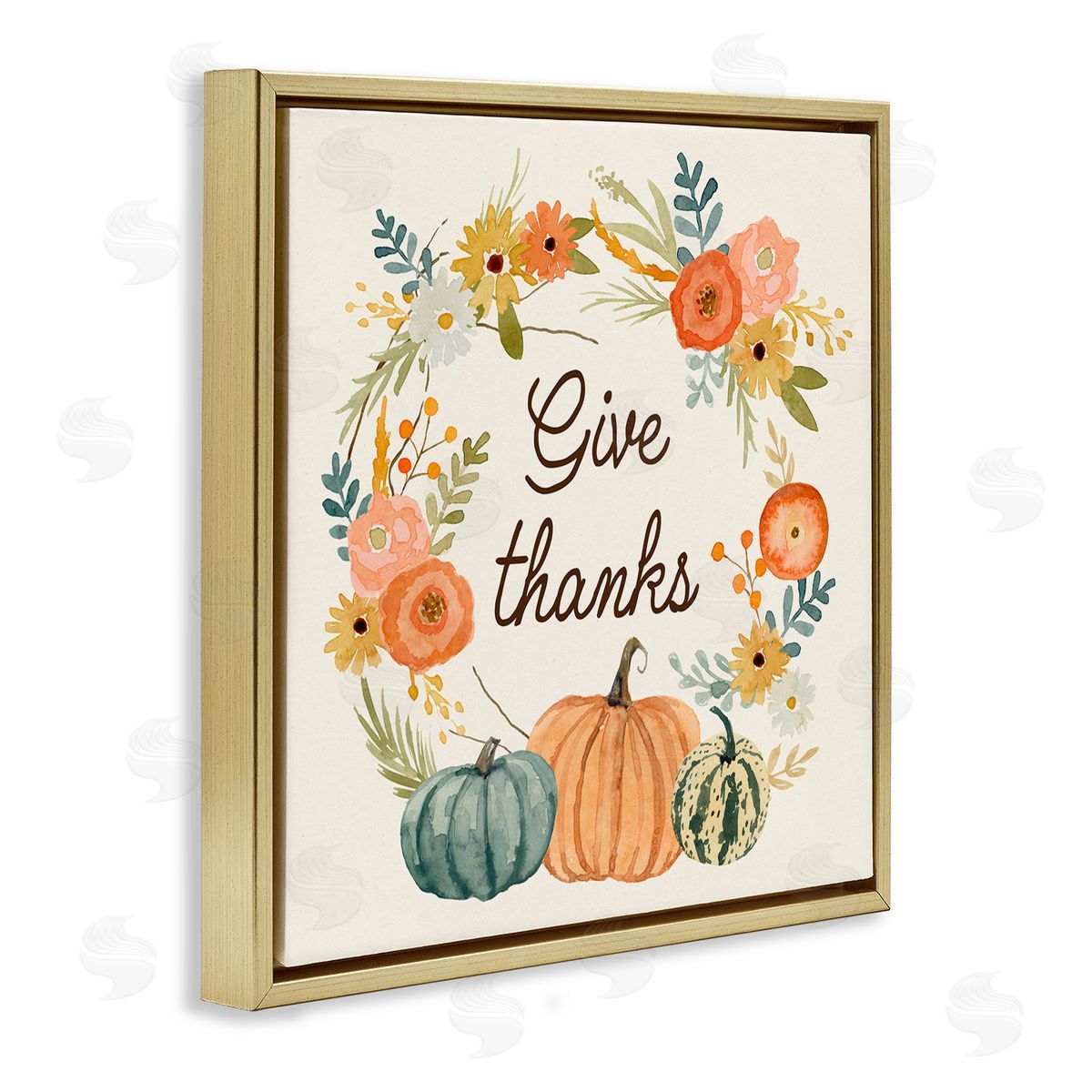 Victoria Barnes Give Thanks Sentiments Orange Floral Pumpkin Wreath Gold Floating Frame Canvas Wall Art Print